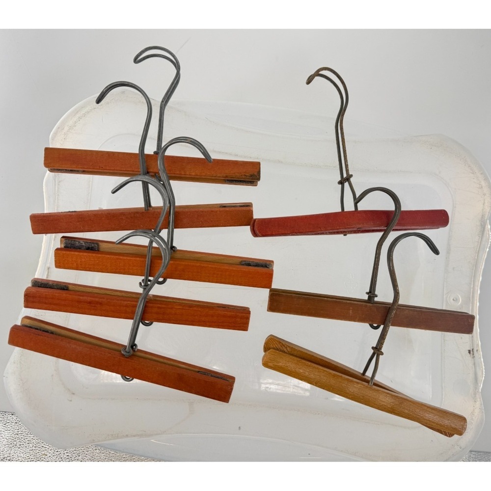 Vintage‎ Wooden Clamp Skirt Pants Hangers Lot of 8 Felt Lined Metal Swivel Hooks